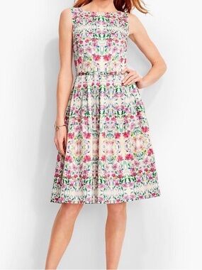 NWT Talbots Petites Garden Floral Belted Fit and Flare Dress 8P Sleeveless